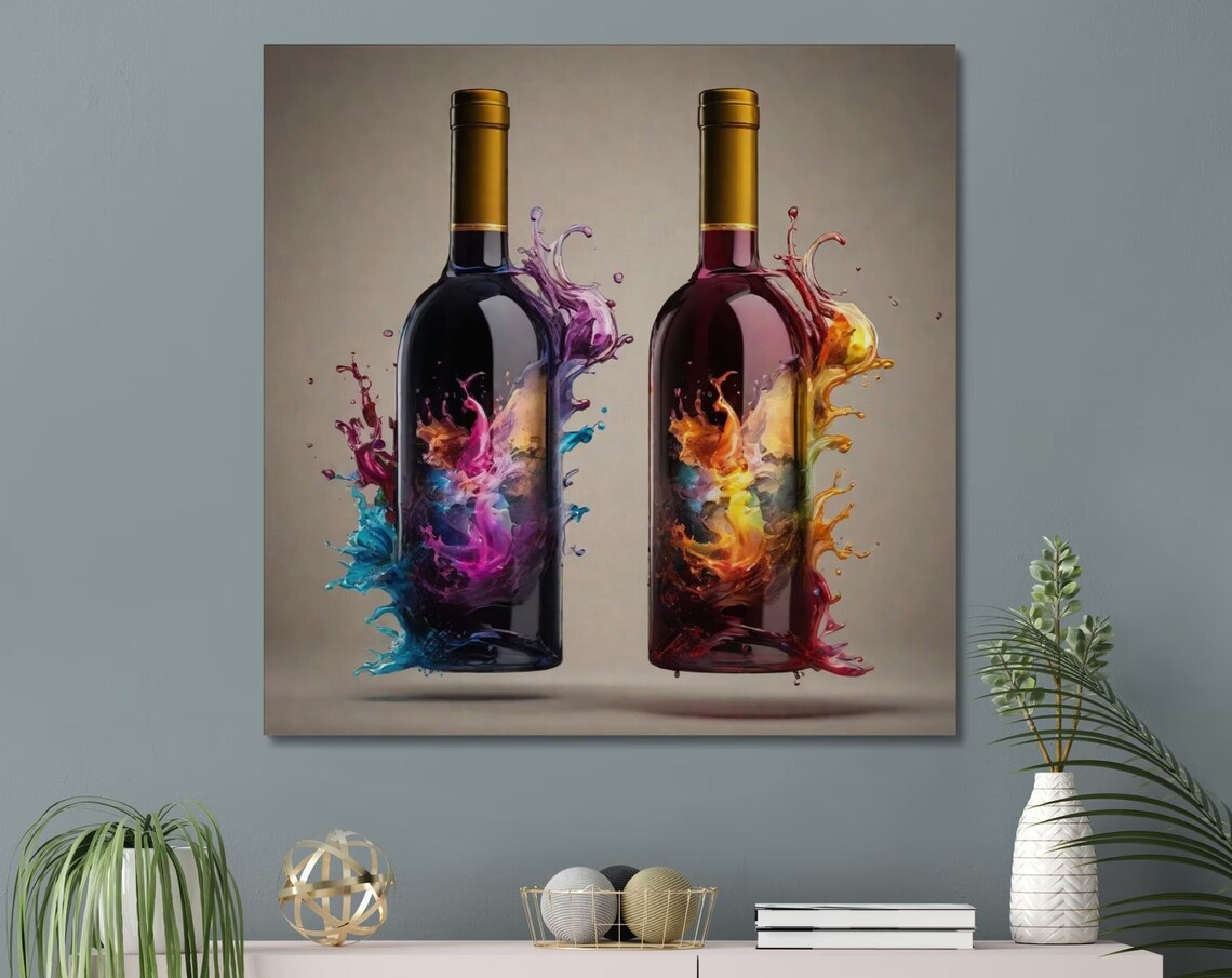 Two Wine Bottles Color Splash Explosion Abstract Kitchen Art Poster
