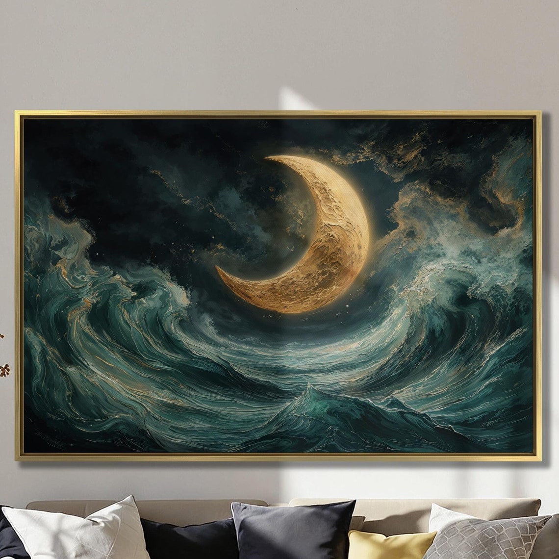Golden Crescent Moon Over Rolling Ocean Waves At Night Poster