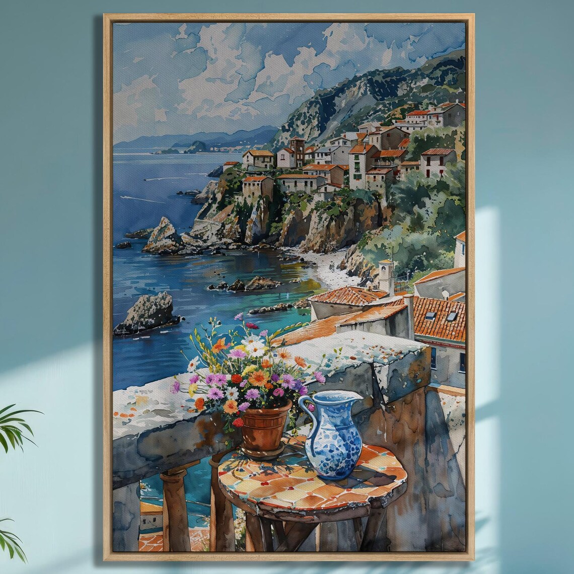 Coastal Village Watercolor Art Print, Mediterranean View