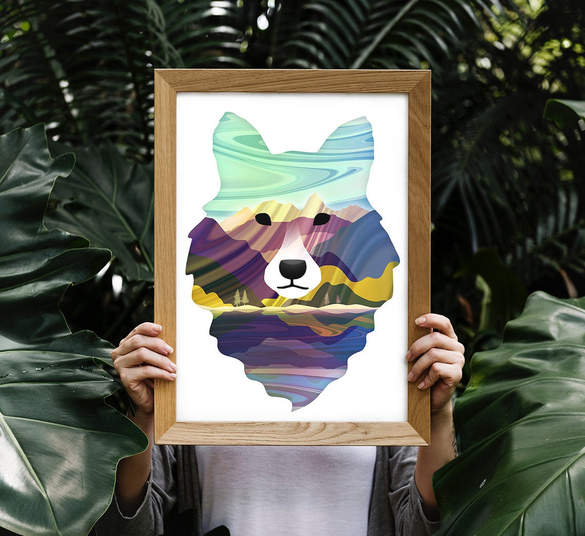 Wolf Head Double Exposure Colorful Mountain Landscape Art Poster - Image 3