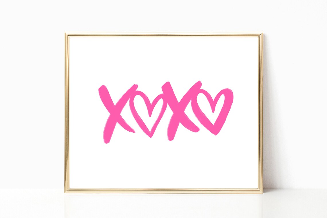 Hot Pink Watercolor XOXO Hearts Brush Lettering Love Valentine Poster