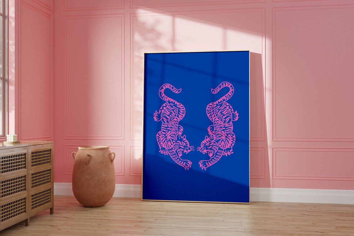 Pink Blue Tiger Print, Preppy Room Decor Art Print - Image 3