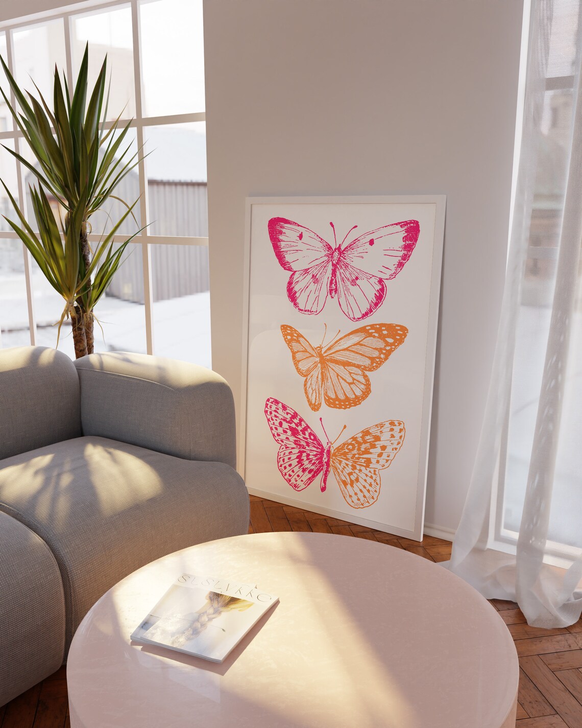 Pink Orange Butterfly Poster Print, Preppy Boho Decor - Image 3