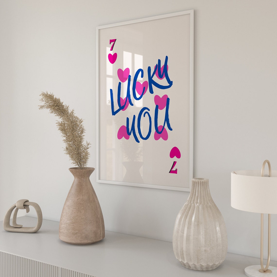 Lucky You Pink Hearts Romantic Blue Script Seven Card Poster