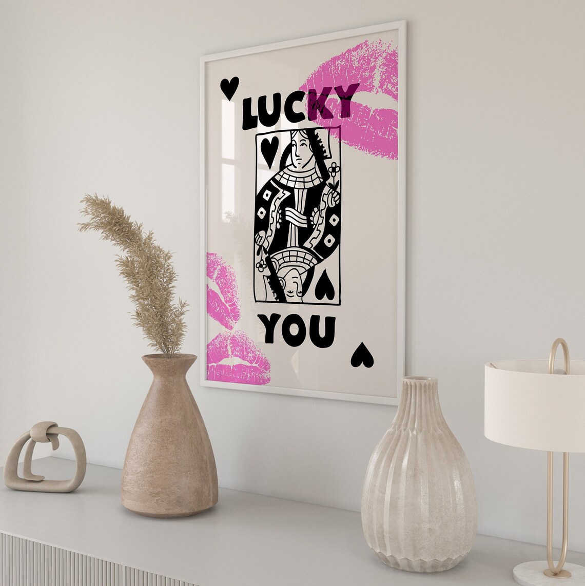 Lucky You Queen Of Hearts Pink Lipstick Kisses Preppy Art Poster