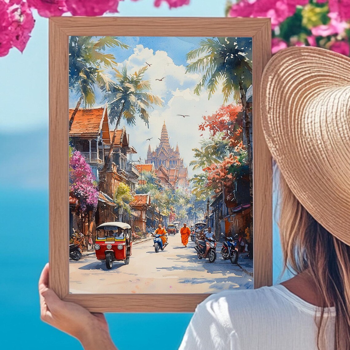 Bangkok Street Scene Watercolor Tuk Tuk Monks Thailand Travel Poster