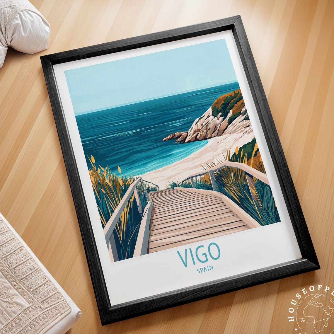 Vigo Spain Beach Boardwalk Cove Coastline Minimalist Travel Poster
