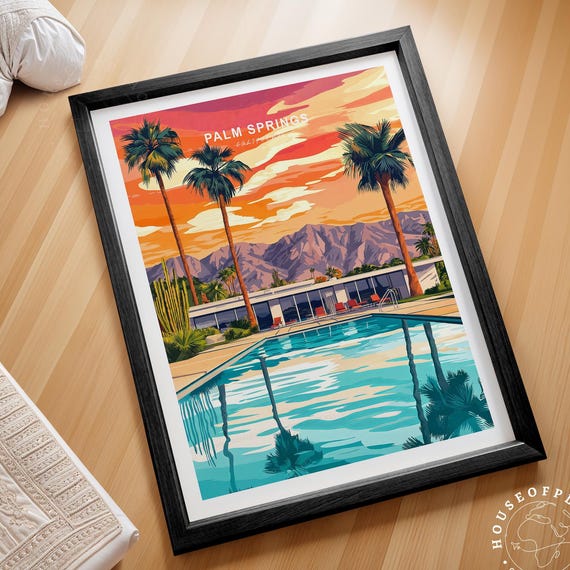 Palm Springs California Pool Mid Century Sunset Travel Poster