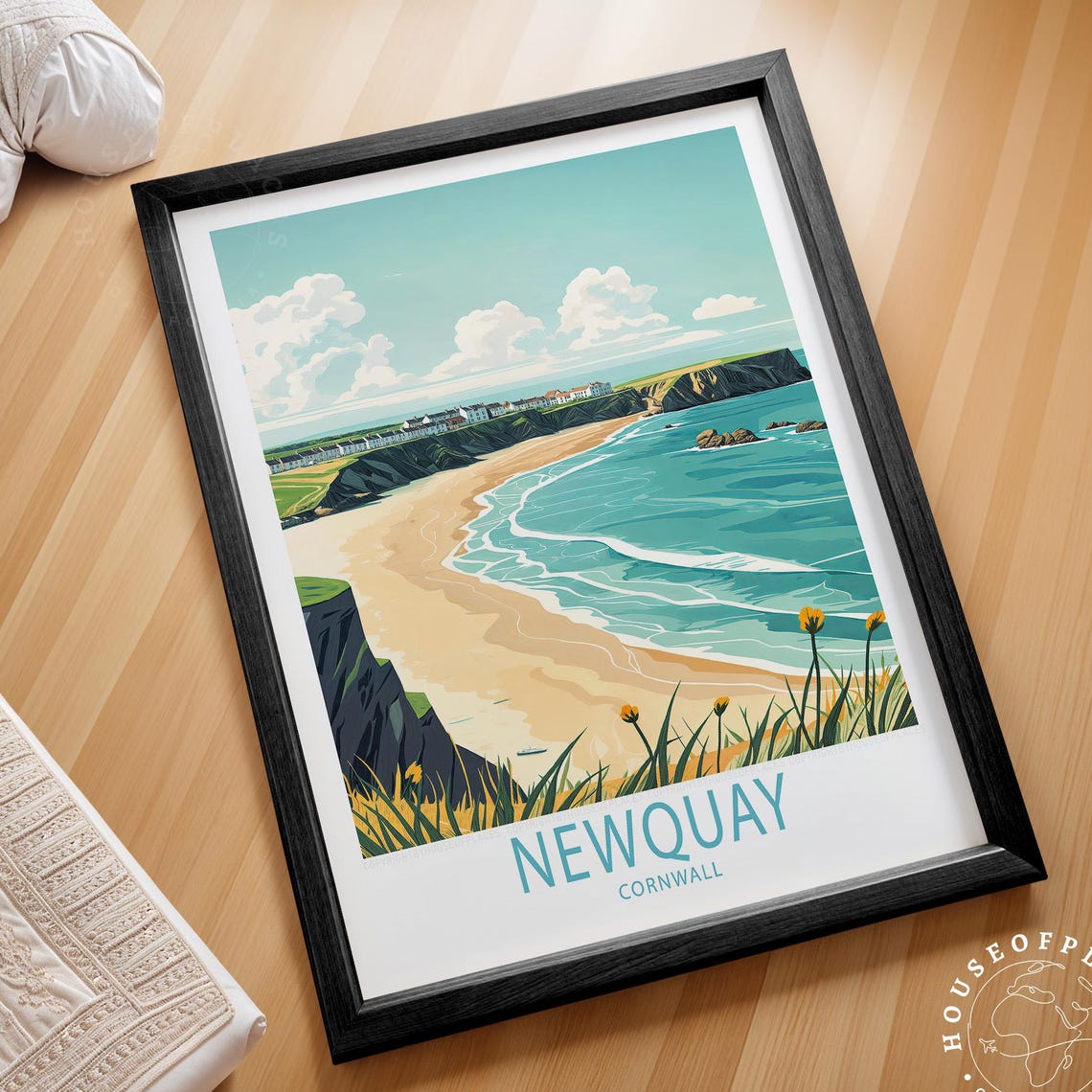 Newquay Cornwall Beach Cliffs Turquoise Surf Waves Travel Poster