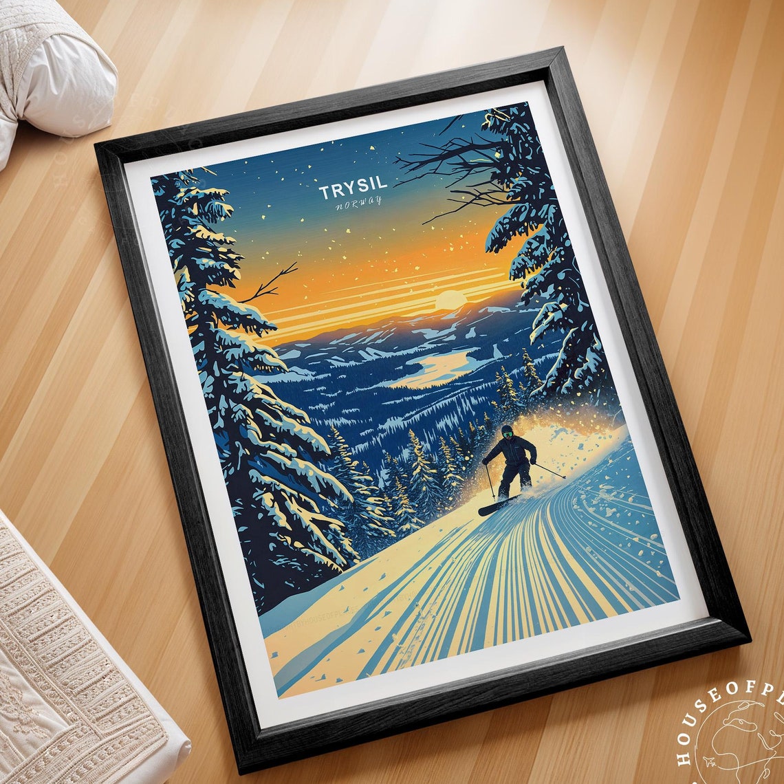 Trysil Norway Snowboarder Golden Sunset Slope Winter Ski Travel Poster