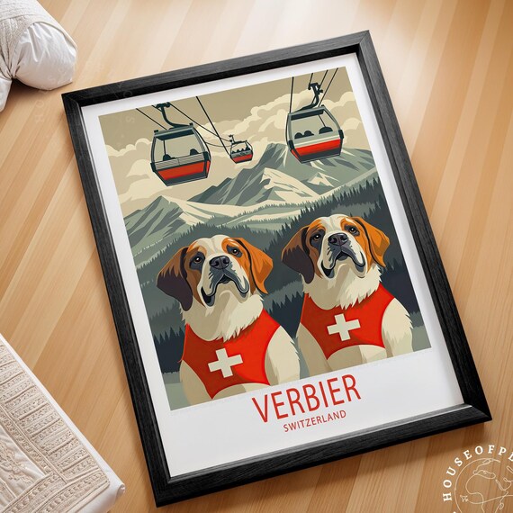 Verbier Switzerland Saint Bernard Ski Dogs Retro Winter Travel Poster