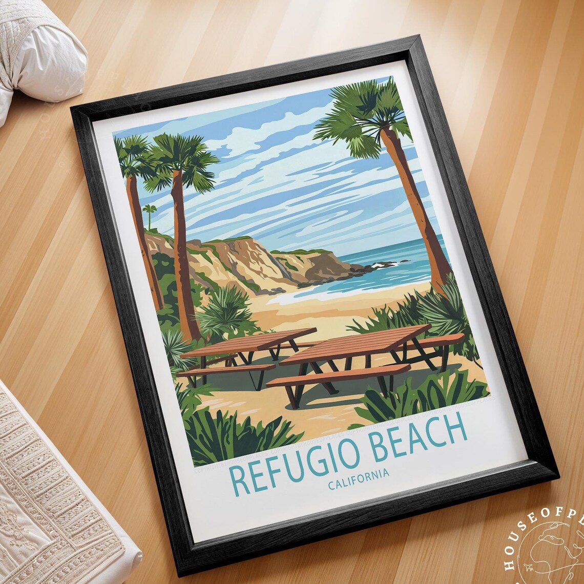 Refugio Beach California Palm Cove Sunny Vintage Travel Poster