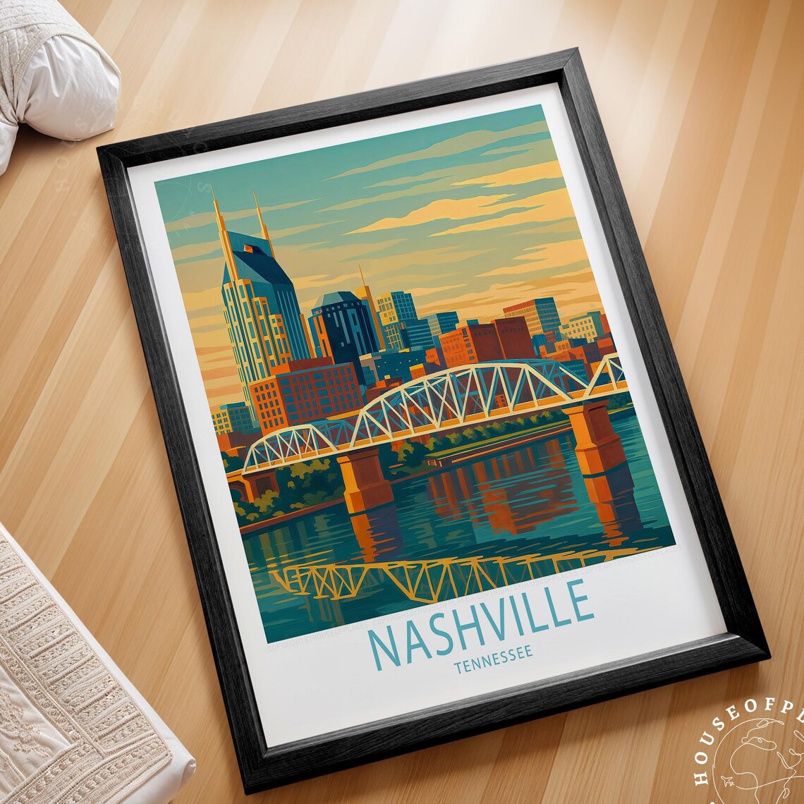 Nashville Tennessee Skyline River Bridge Sunset Travel Style Poster