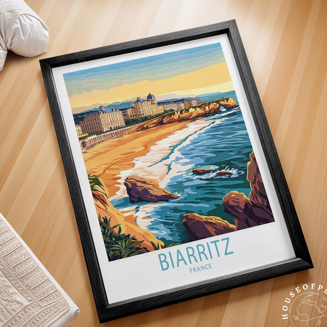 Biarritz France Travel Poster Rocky Beach Grand Hotel Coastline