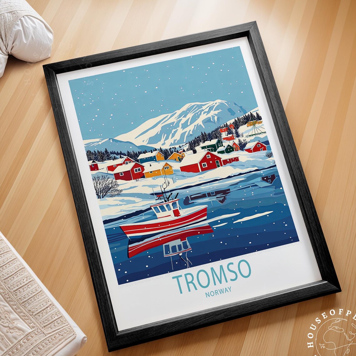 Tromso Norway Snowy Harbor Winter Night Scenic Travel Poster