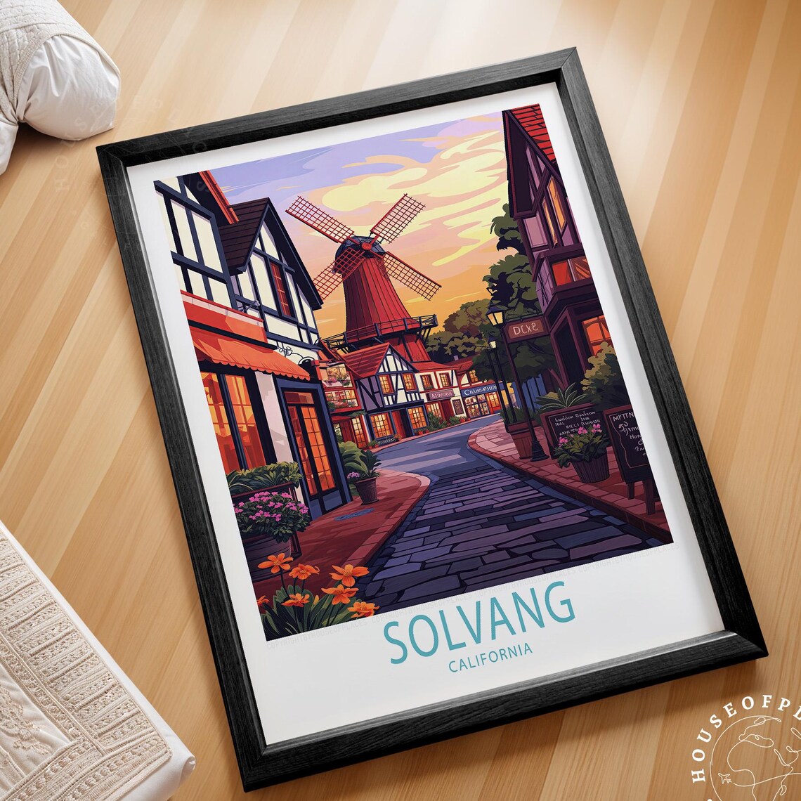 Solvang California Danish Windmill Village Street Sunset Travel Poster