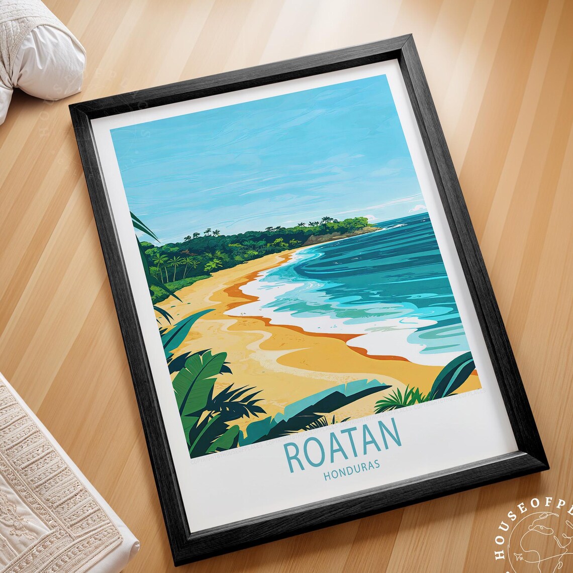 Roatan Honduras Tropical Beach Jungle Headland Waves Travel Poster