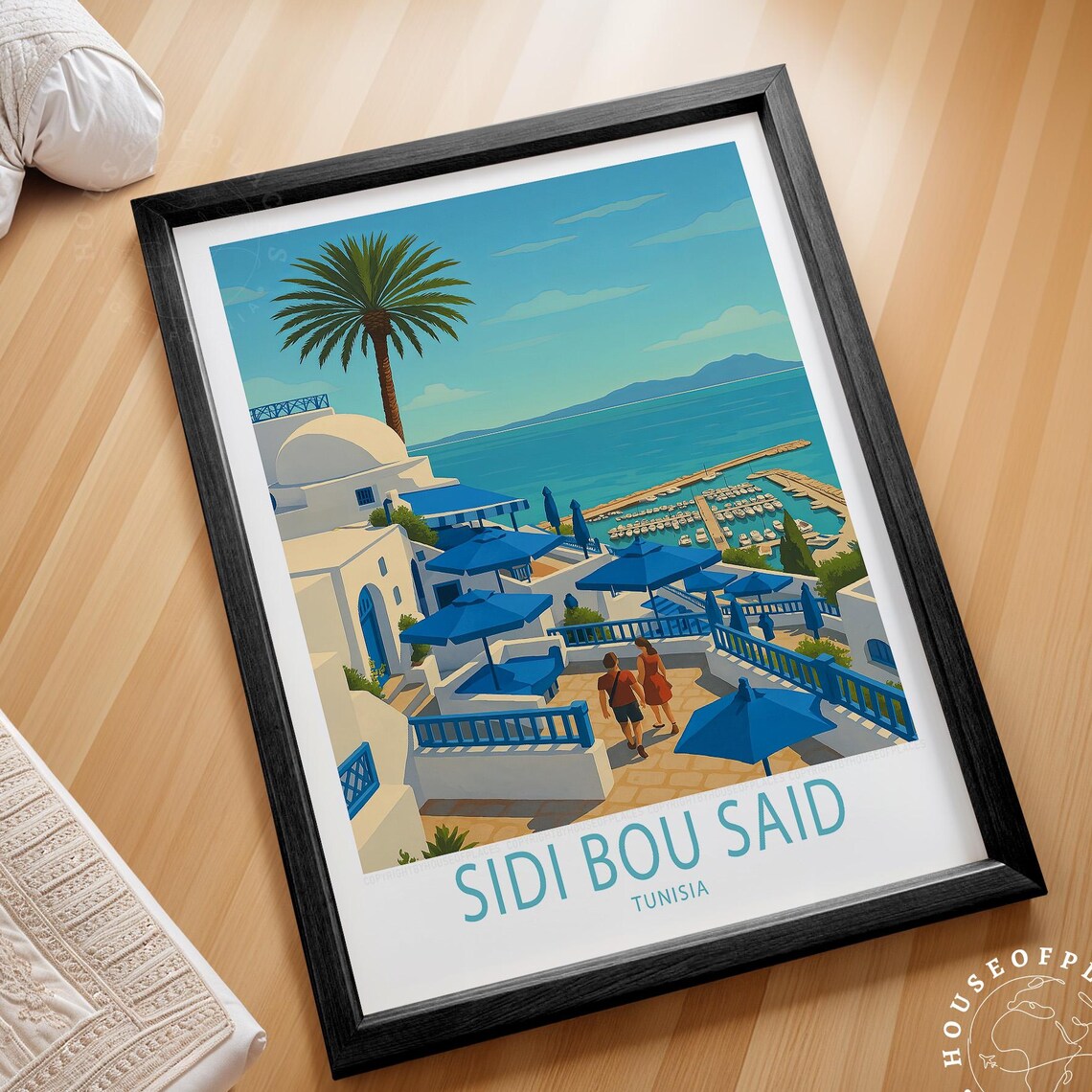 Sidi Bou Said Tunisia Marina Palm Vintage Mediterranean Travel Poster