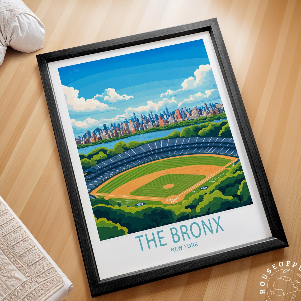 The Bronx New York Baseball Stadium City Skyline Vintage Travel Poster