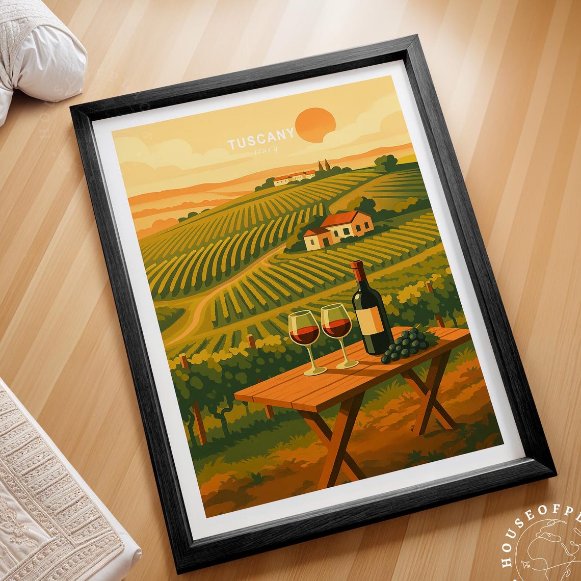 Tuscany Italy Vineyard Sunset Wine Glasses Golden Sky Travel Poster