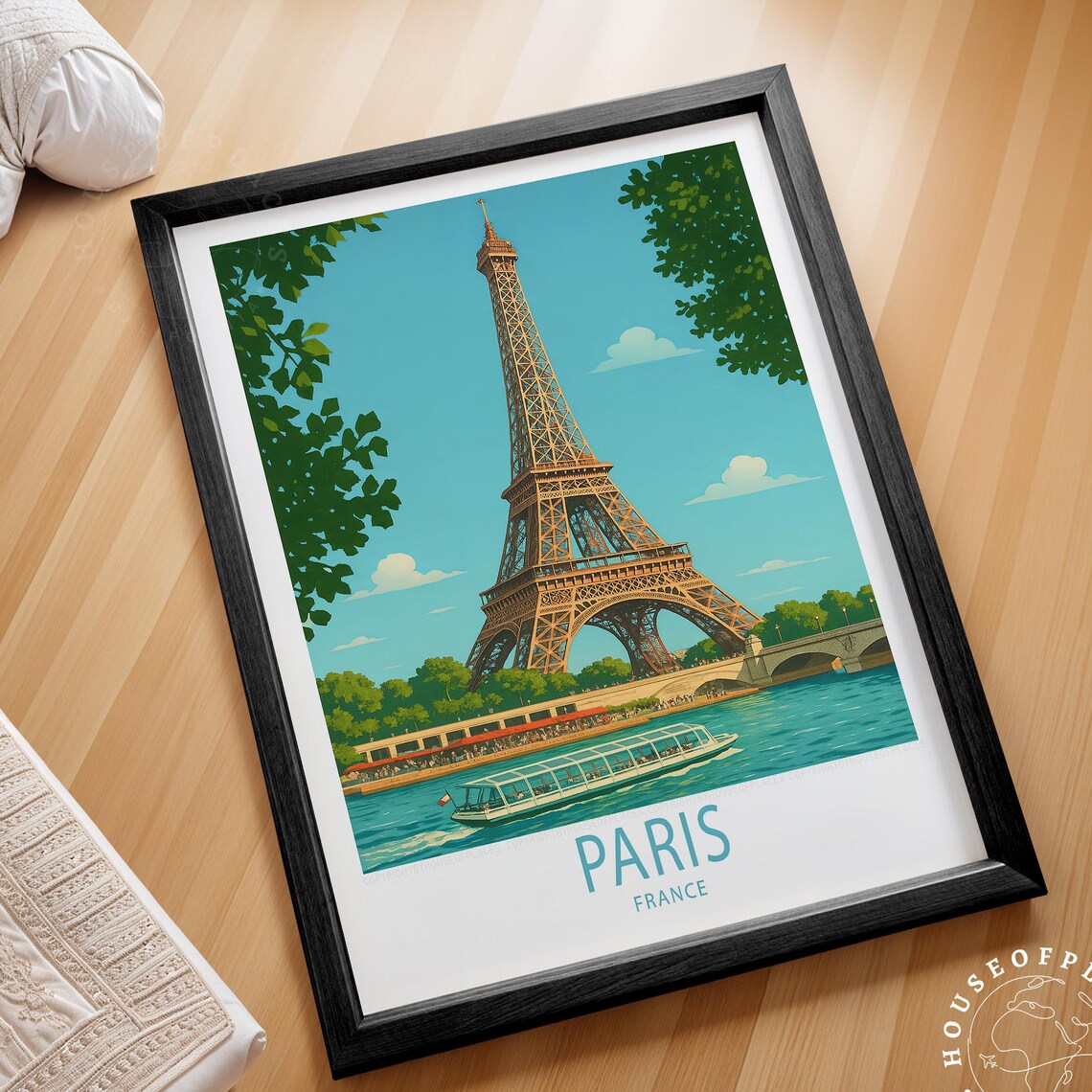 Paris France Eiffel Tower Seine Cruise Vintage Travel Landmark Poster