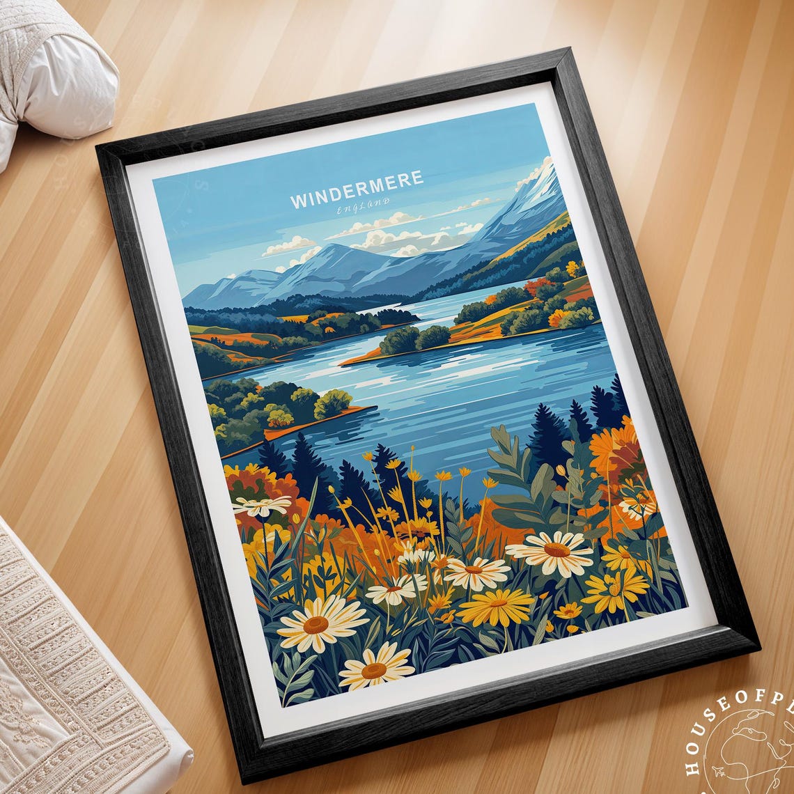 Windermere England Lake District Minimalist Travel Poster Lake Wildflower Art