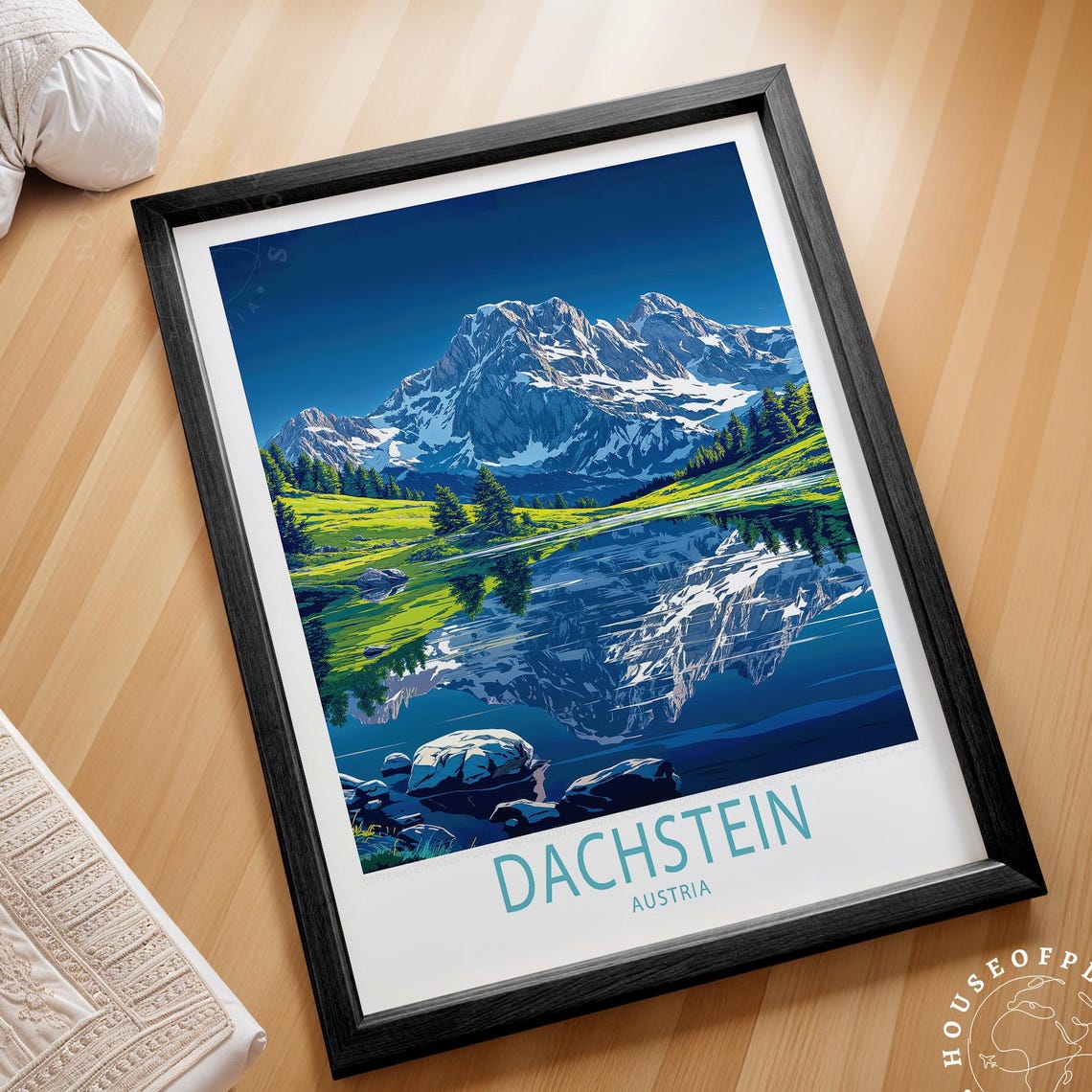 Dachstein Austria Snowy Mountain Lake Reflection Travel Poster
