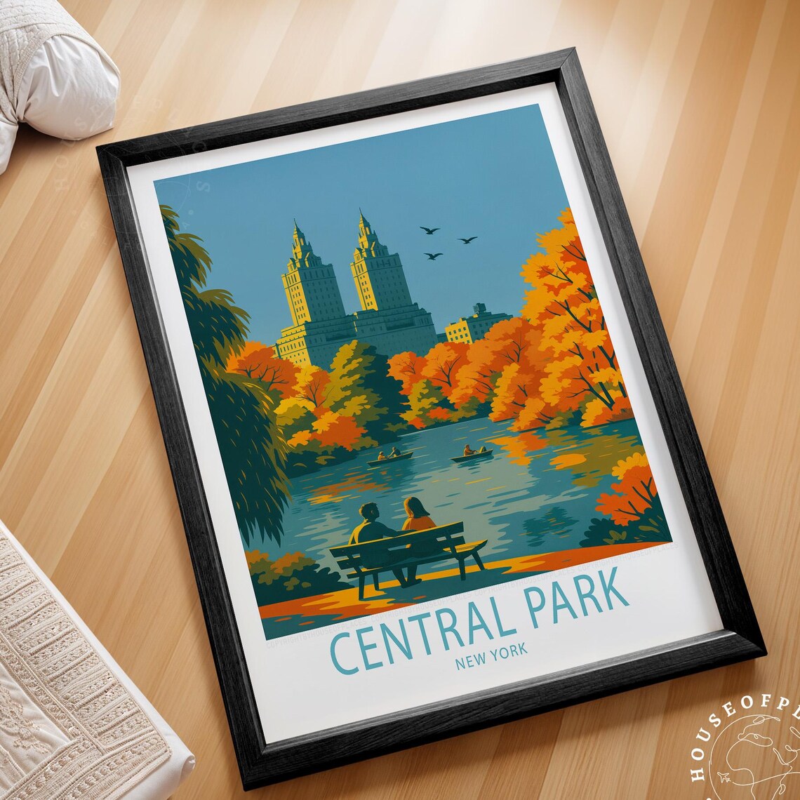 Central Park New York Autumn Lake Rowboats Skyline Fall Travel Poster