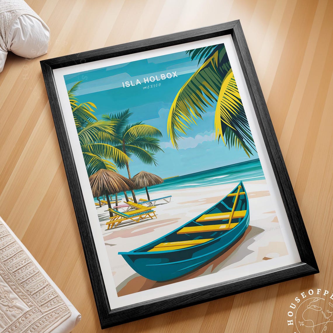 Isla Holbox Mexico Beach Canoe Palm Tree Umbrellas Travel Poster
