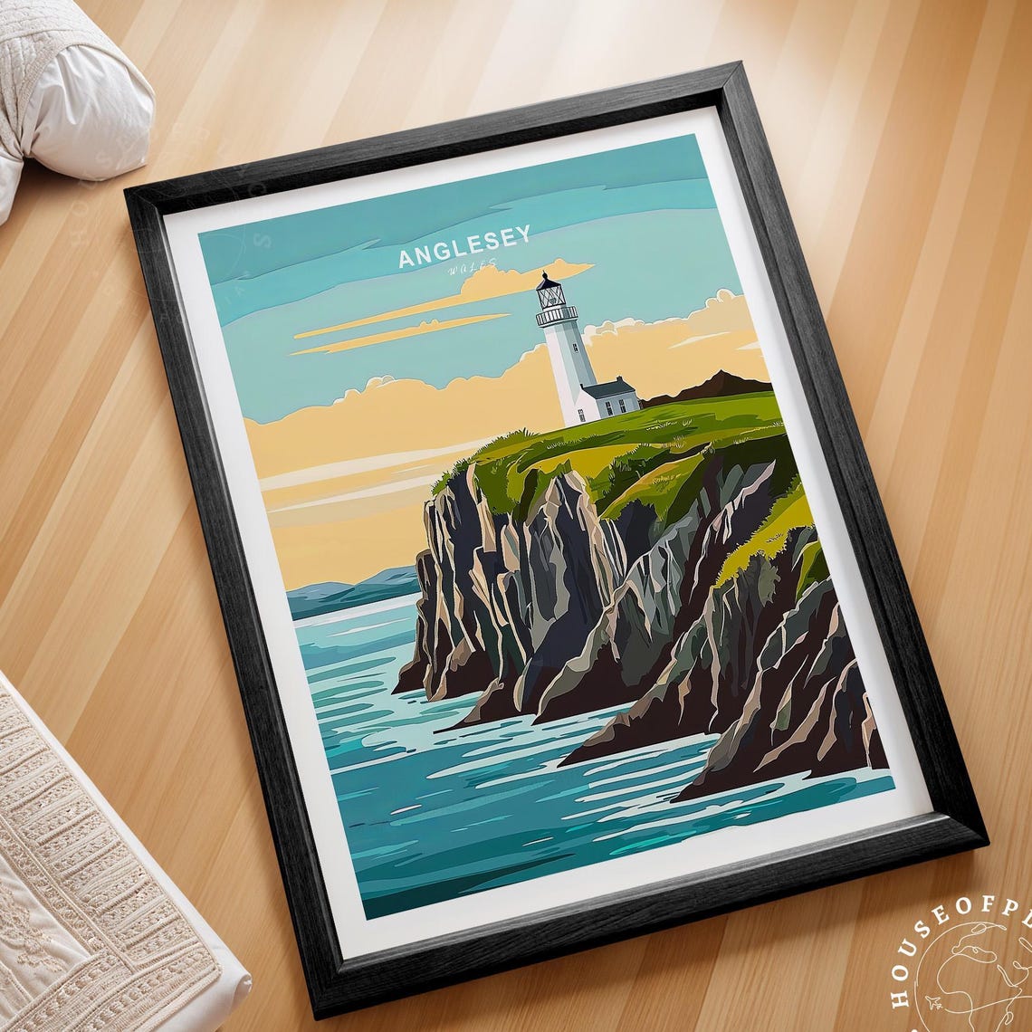 Anglesey Wales Lighthouse Rocky Cliff Coastal Sunset Travel Poster