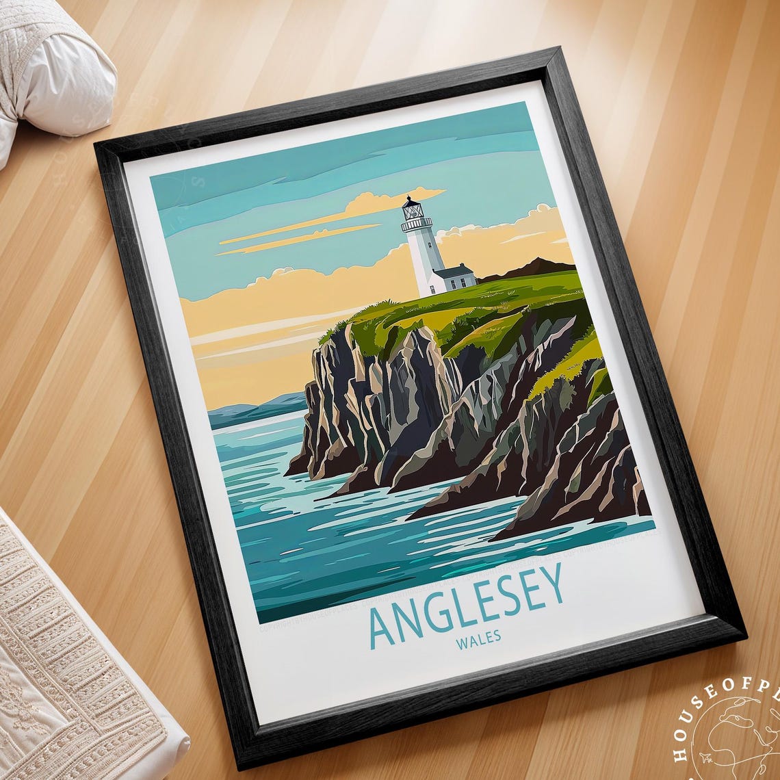 Anglesey Wales Lighthouse On Cliffs Retro Travel Coast Poster