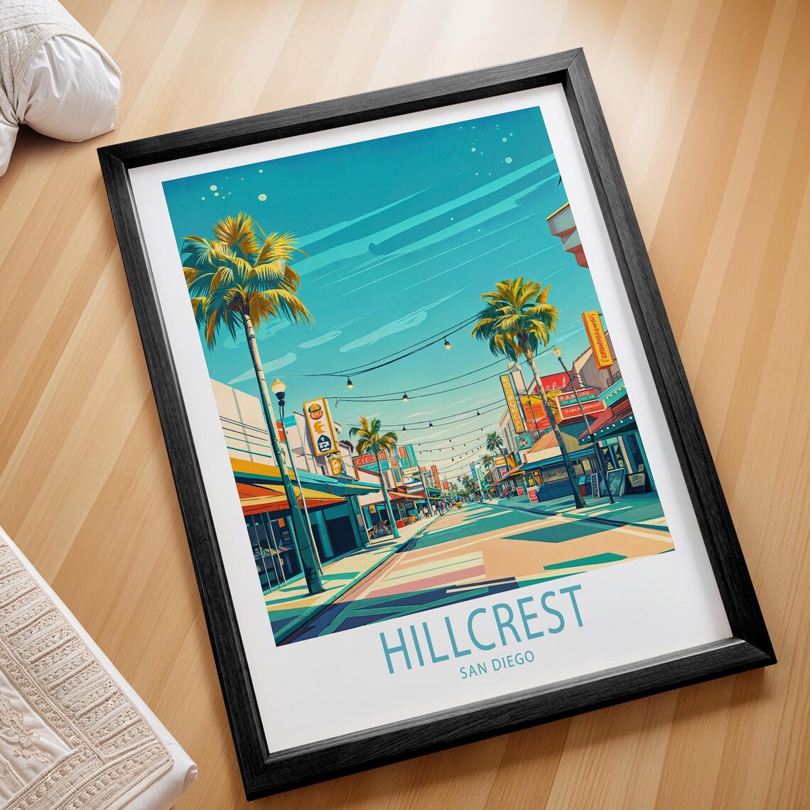Hillcrest San Diego Palm Lined Neon Street Vintage Travel Art Poster