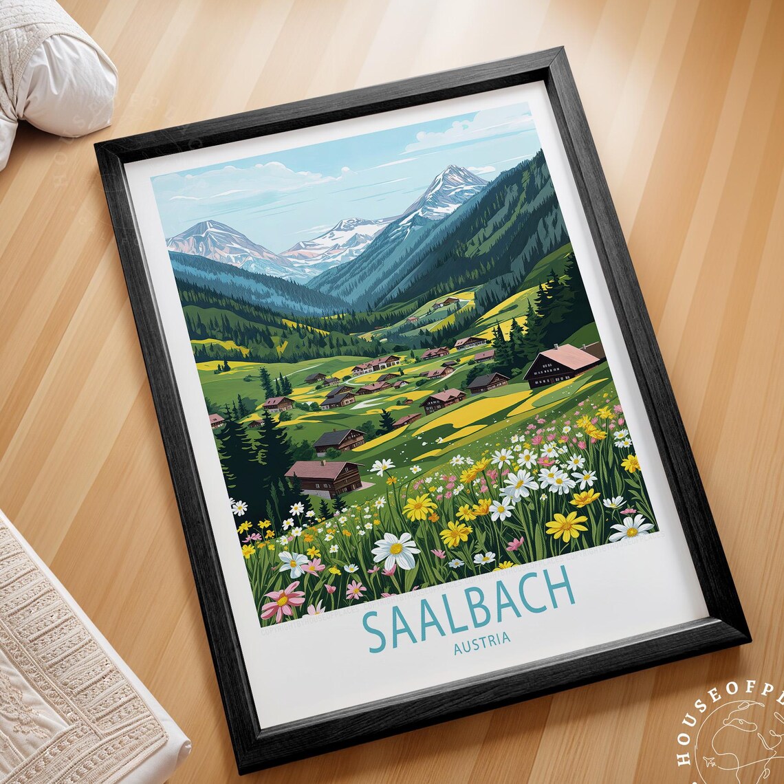 Saalbach Austria Alpine Village Wildflower Meadow Travel Poster