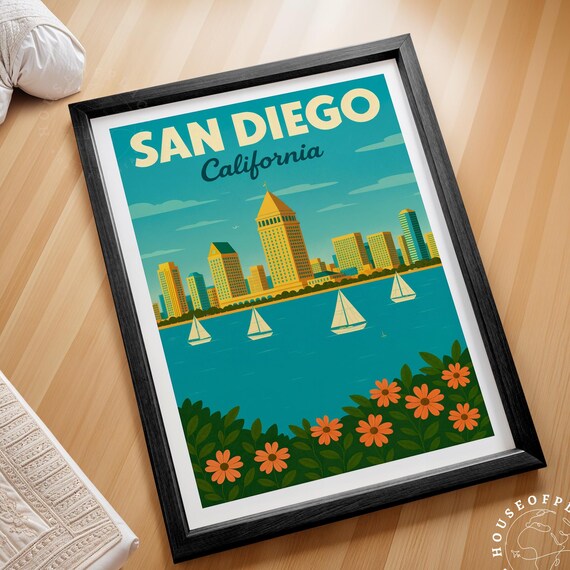 San Diego California Retro Travel Skyline Sailboats Beach Poster