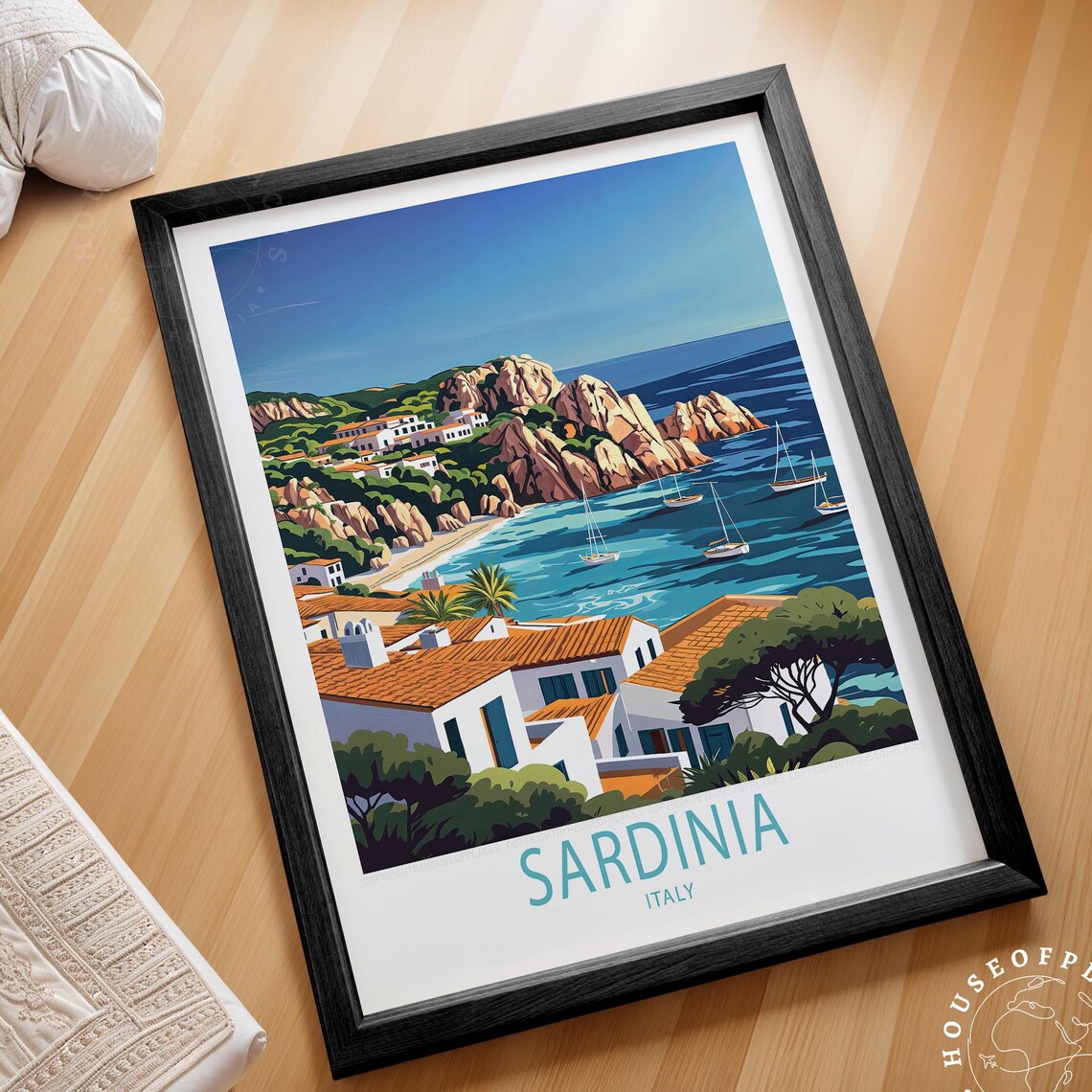 Sardinia Italy Mediterranean Coast Village Sailboat Travel Poster