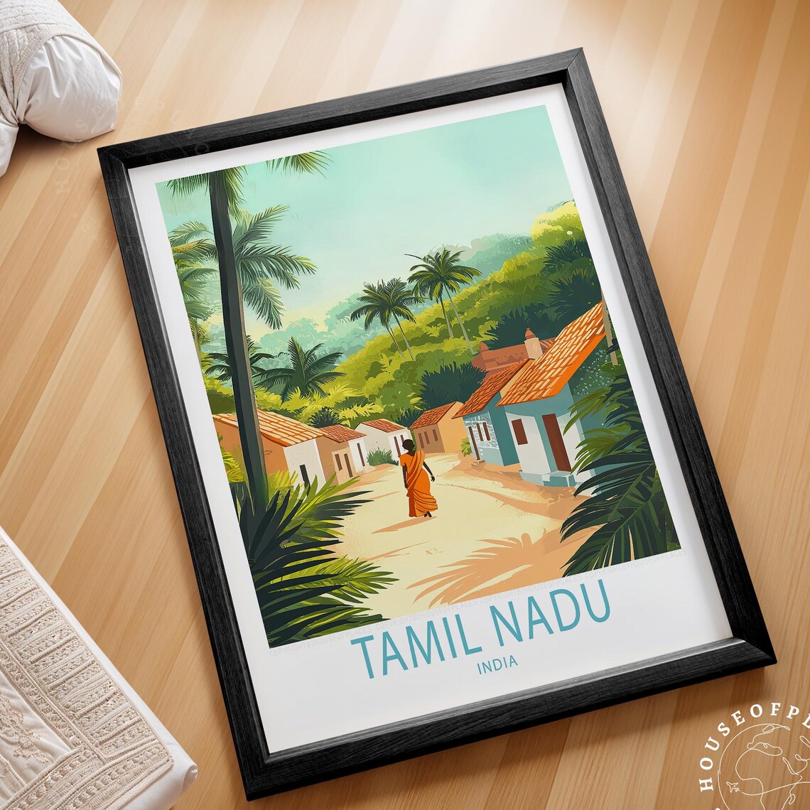 Tamil Nadu India Vintage Travel Poster Tropical Village Scene