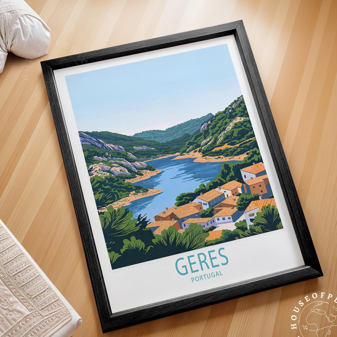 Geres Portugal Riverside Village Mountains Vintage Travel Art Poster