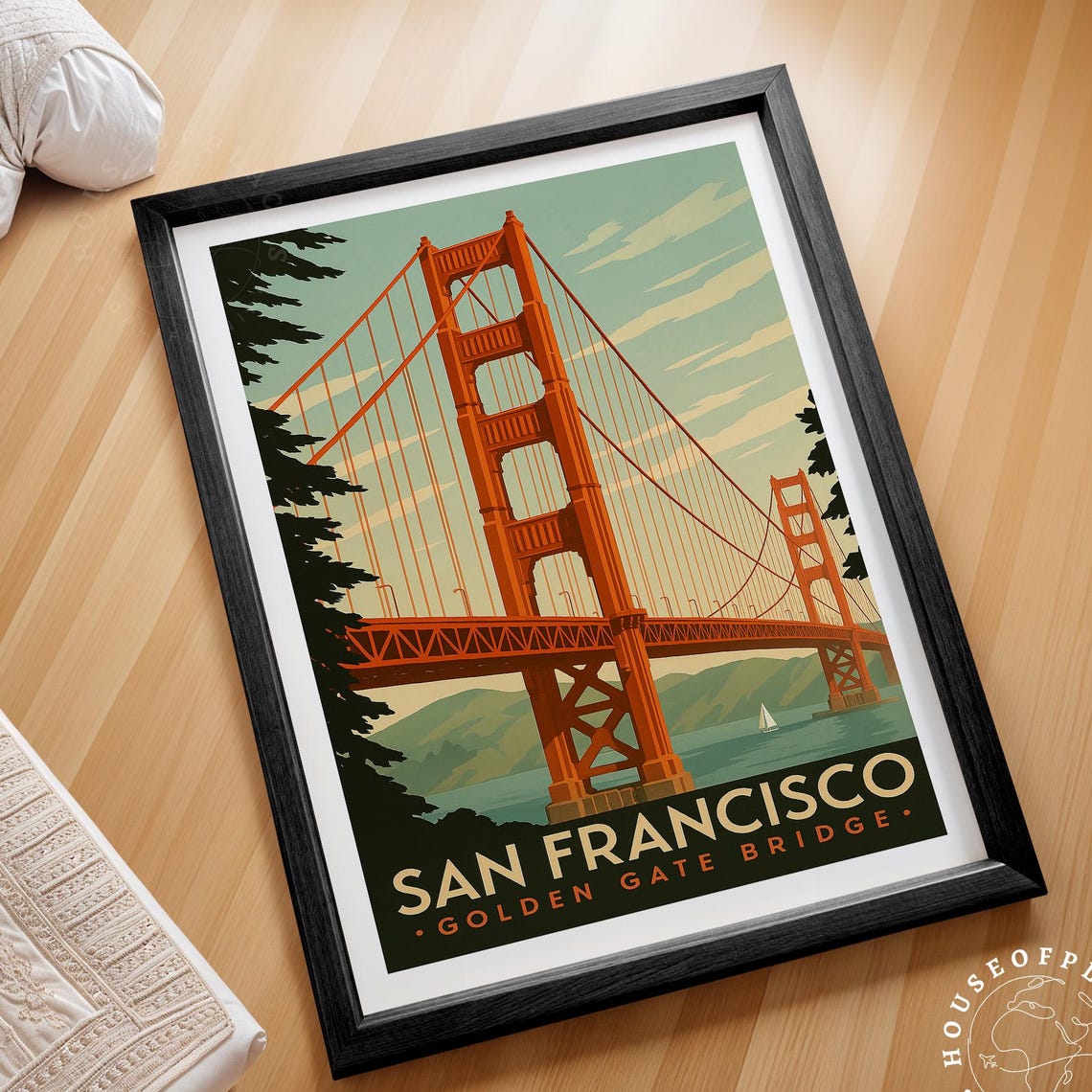 San Francisco Golden Gate Bridge Sunset Sailboat Retro Poster