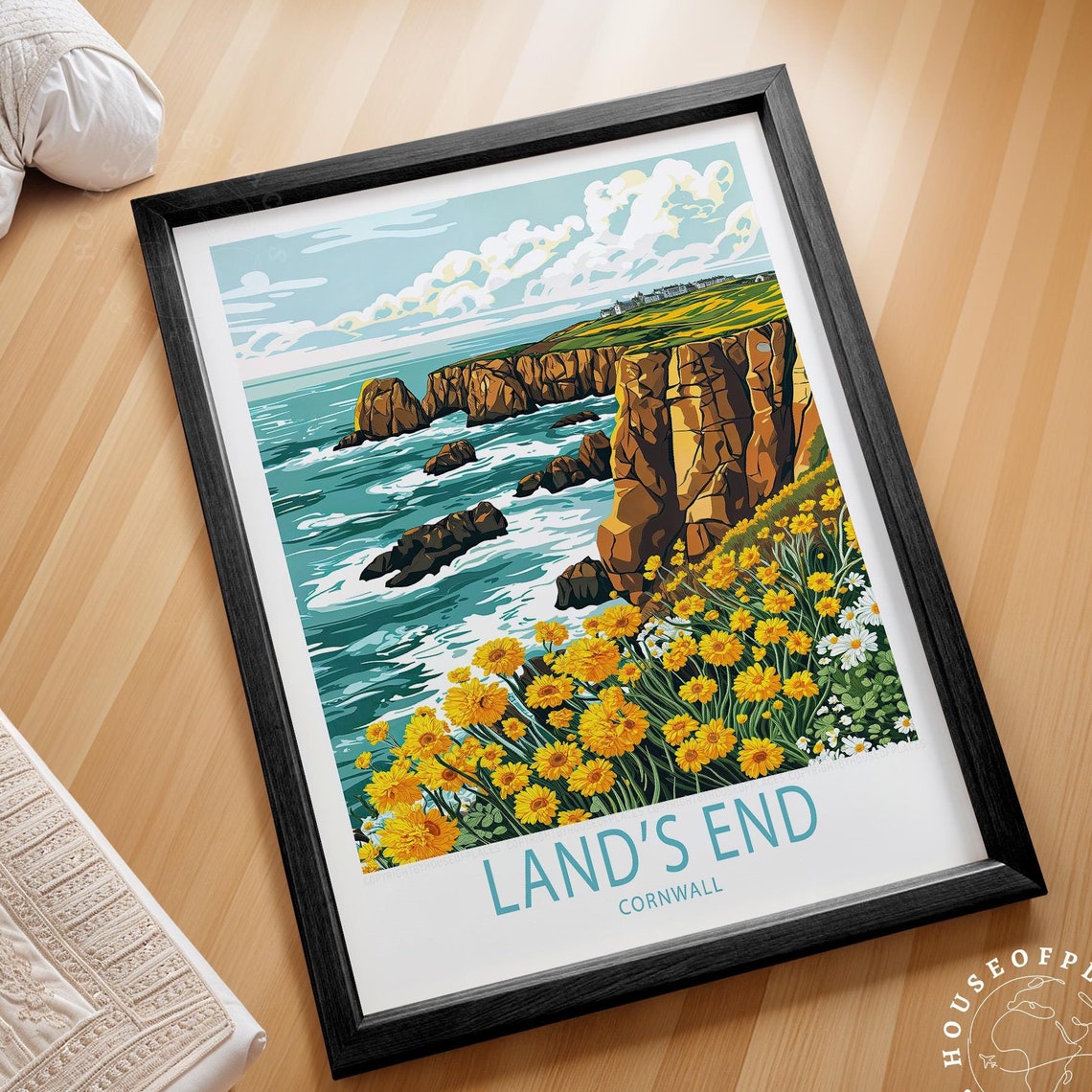 Lands End Cornwall Cliffs Yellow Flowers Coastal Travel Poster