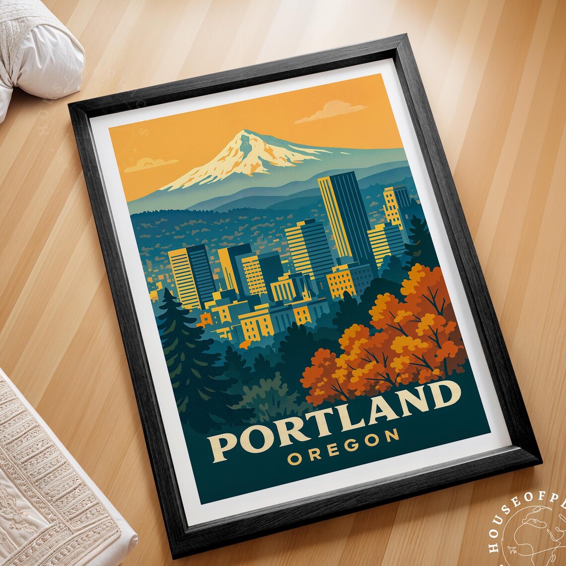 Portland Oregon Skyline Mount Hood Autumn Trees Vintage Travel Poster