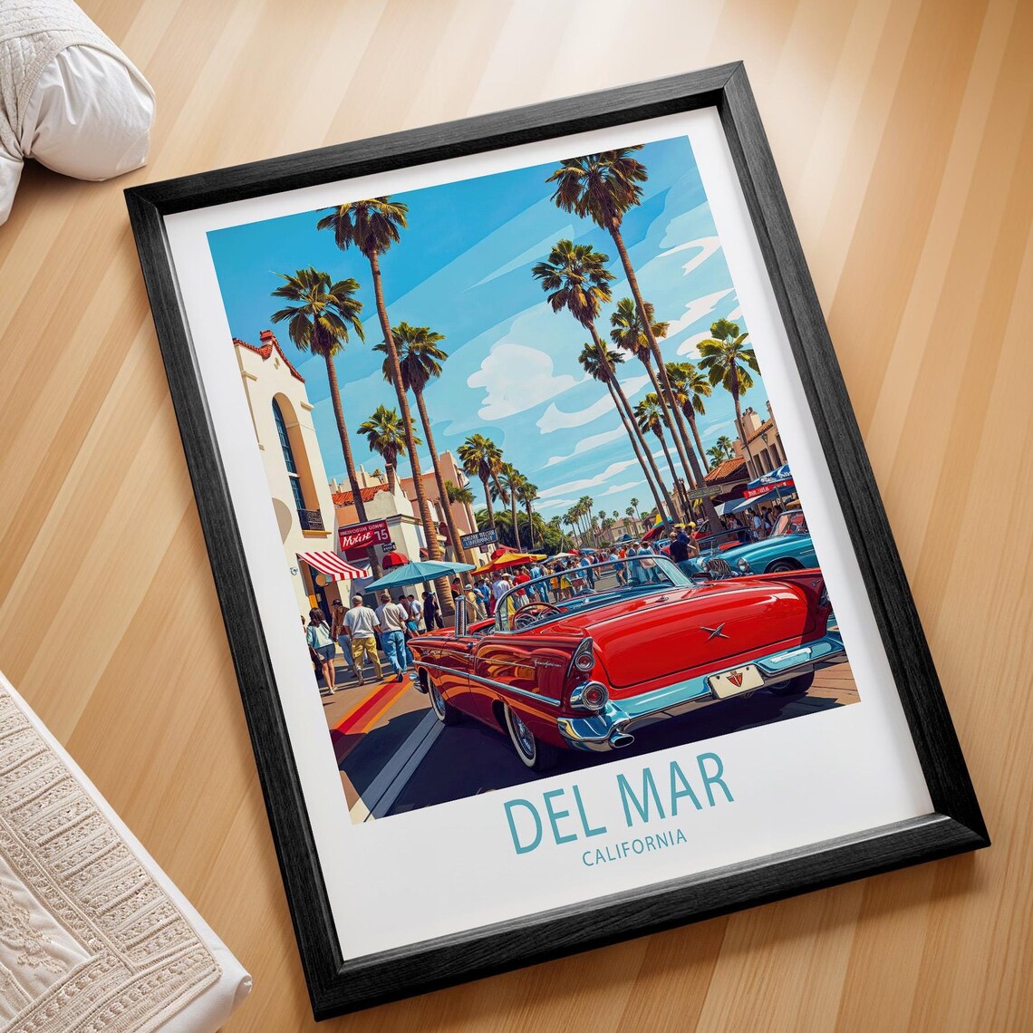 Del Mar California Classic Red Convertible Palm Street Travel Poster