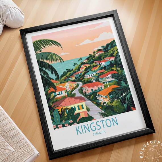 Kingston Jamaica Tropical Hillside Houses Palm Trees Travel Poster