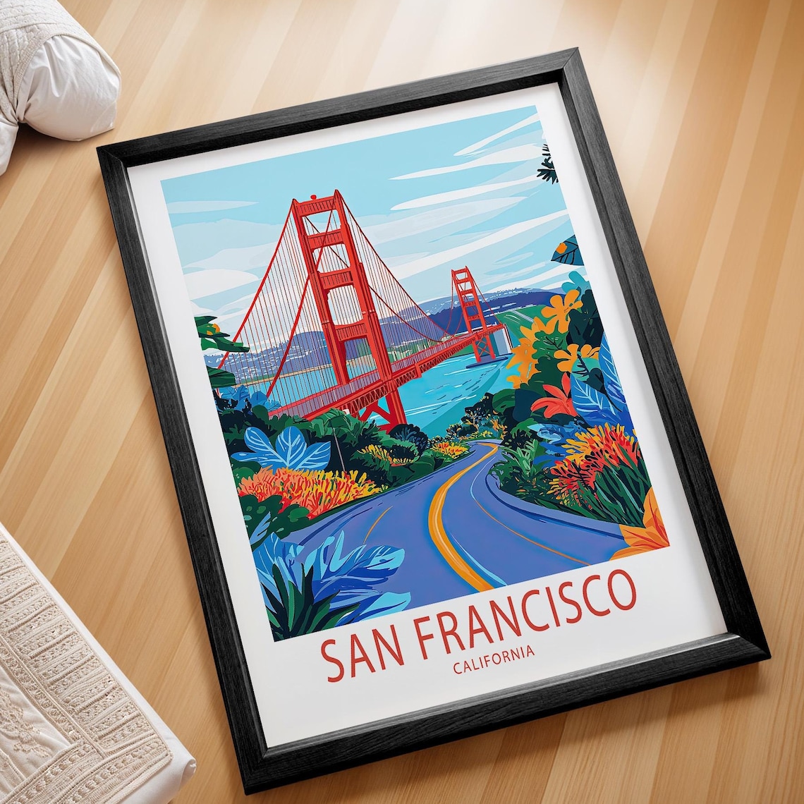 San Francisco Golden Gate Bridge Floral California Travel Poster