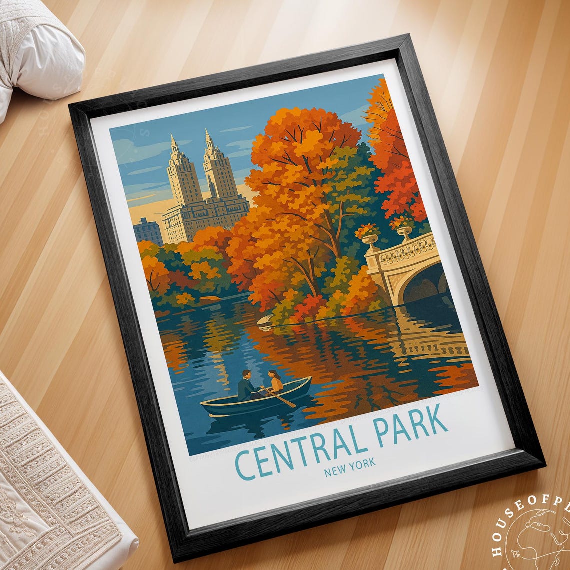 Central Park New York Autumn Lake Rowboat Vintage Travel Poster