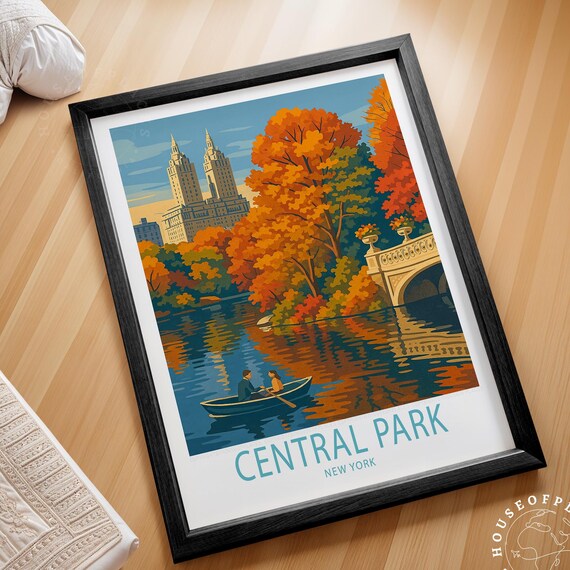 Central Park New York Autumn Lake Rowboat Vintage Travel Poster