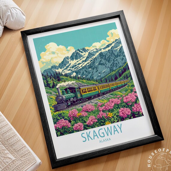 Skagway Alaska Steam Train Snowcapped Mountain Railway Travel Poster