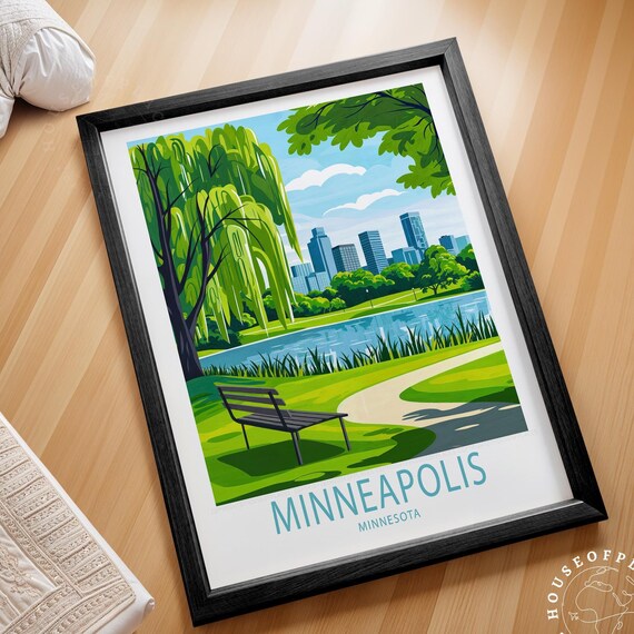 Minneapolis Minnesota Lakeside Park Willow Tree Skyline Travel Poster
