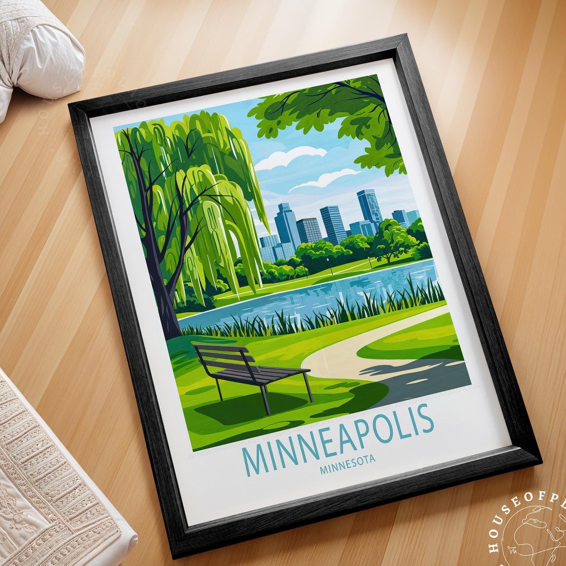 Minneapolis Minnesota Lakeside Park Willow Tree Skyline Travel Poster