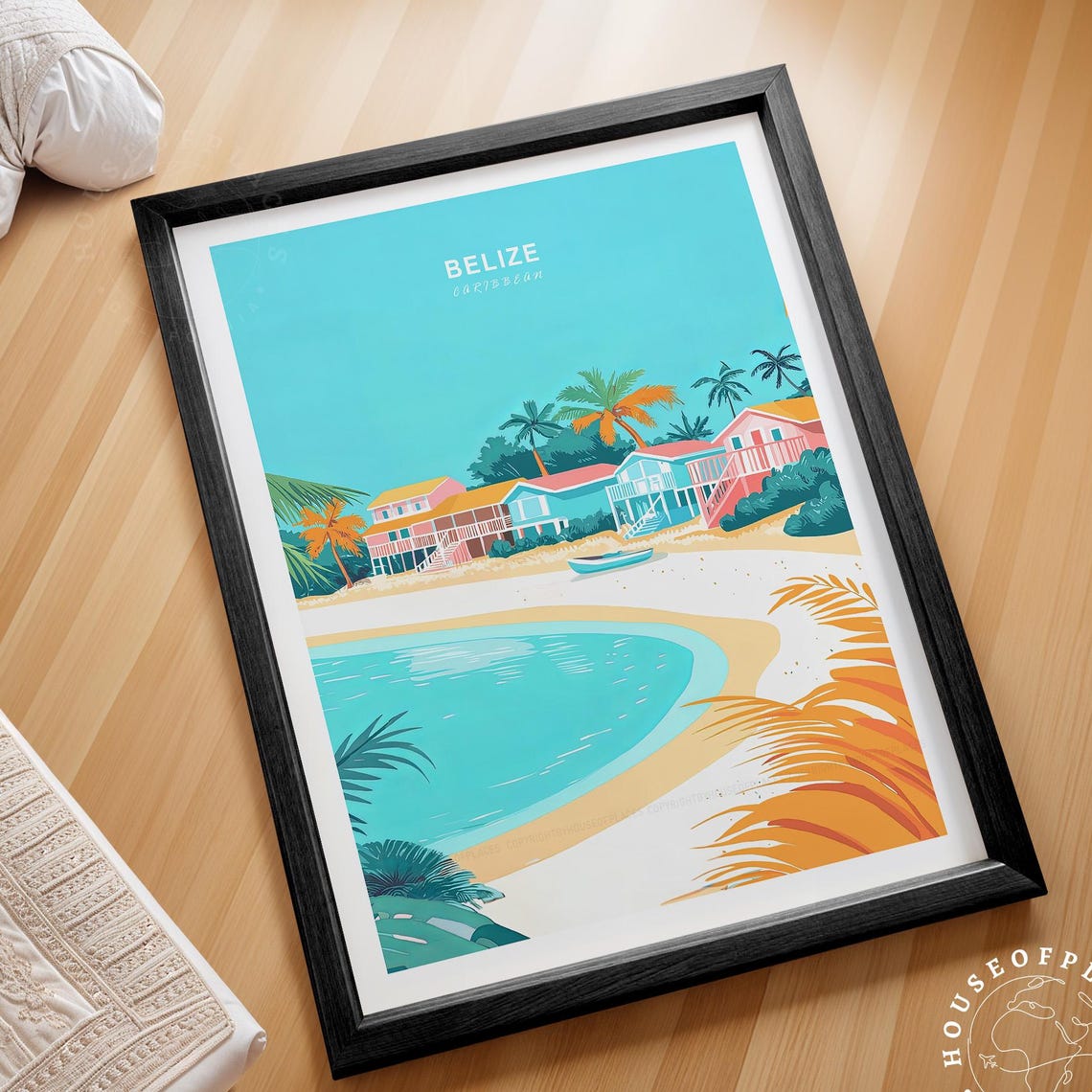 Belize Caribbean Turquoise Coast Beach Huts Retro Travel Poster