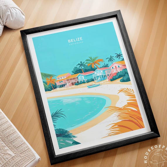 Belize Caribbean Turquoise Coast Beach Huts Retro Travel Poster